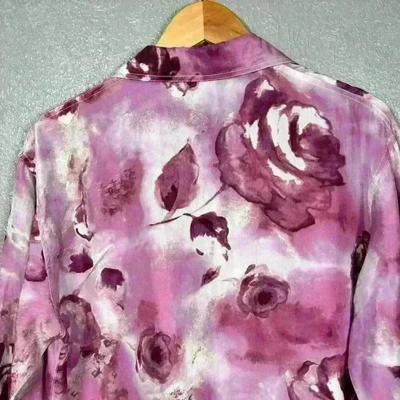 VINTAGE 90s 100% Pure Silk Pink Floral Button Up Blouse White Stitch Women Smal - Picture 11 of 11